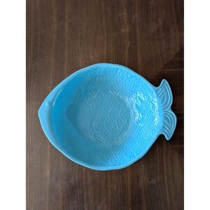 Farval Portugal Blue Ceramic Fish Serving Bowl Embossed Scales Coastal Decor‎